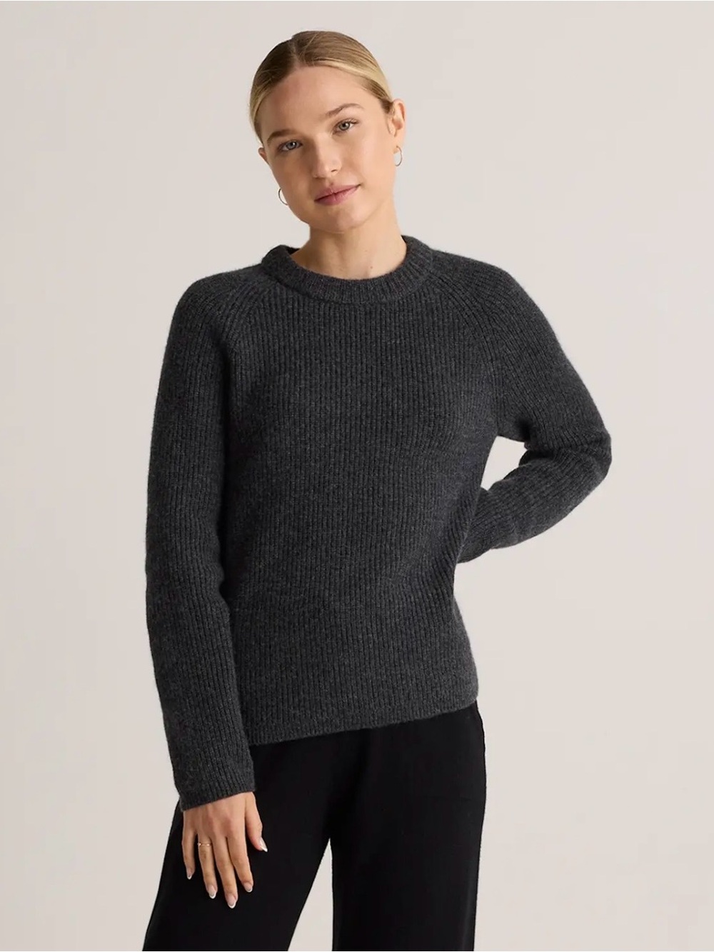 QUINCE Women Mongolian Cashmere Fisherman Crew Heather Charcoal Medium NWT